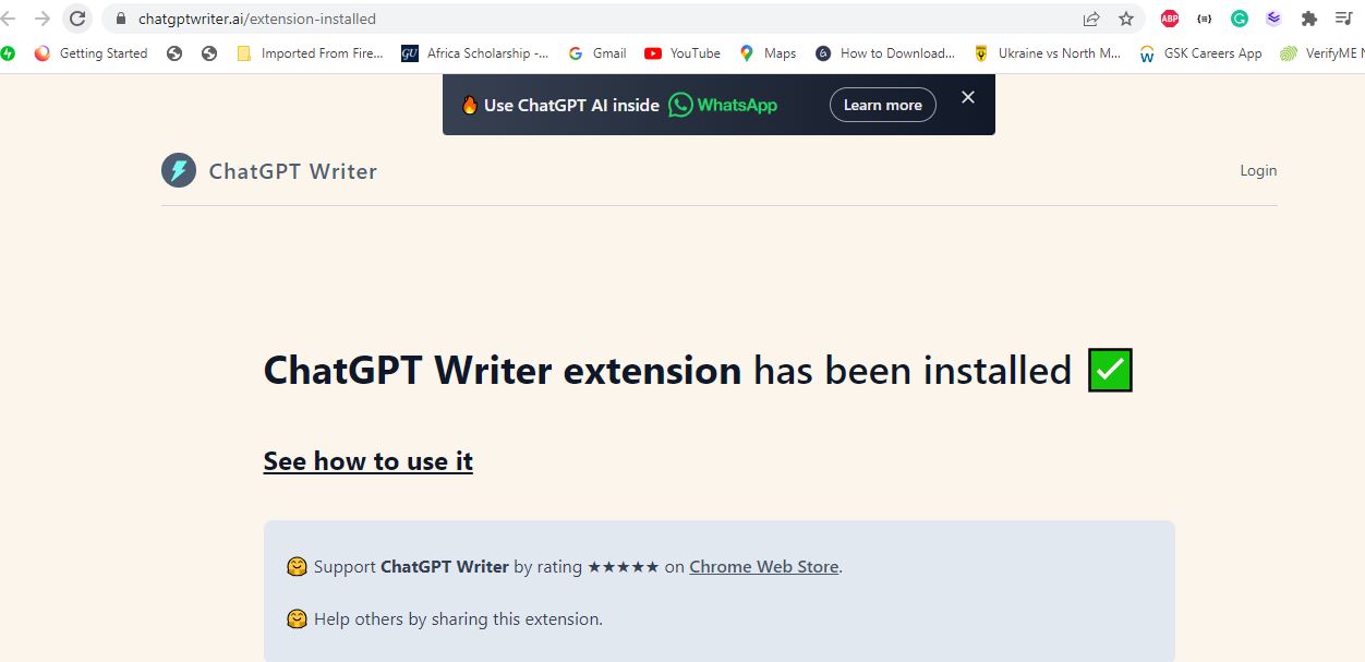 Successful installation of ChatGPT Writer extension