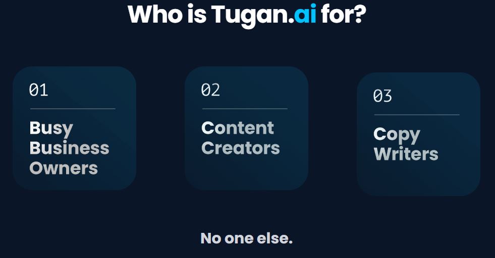 Tugan AI is meant for Business ownersn content creators, and copy writers