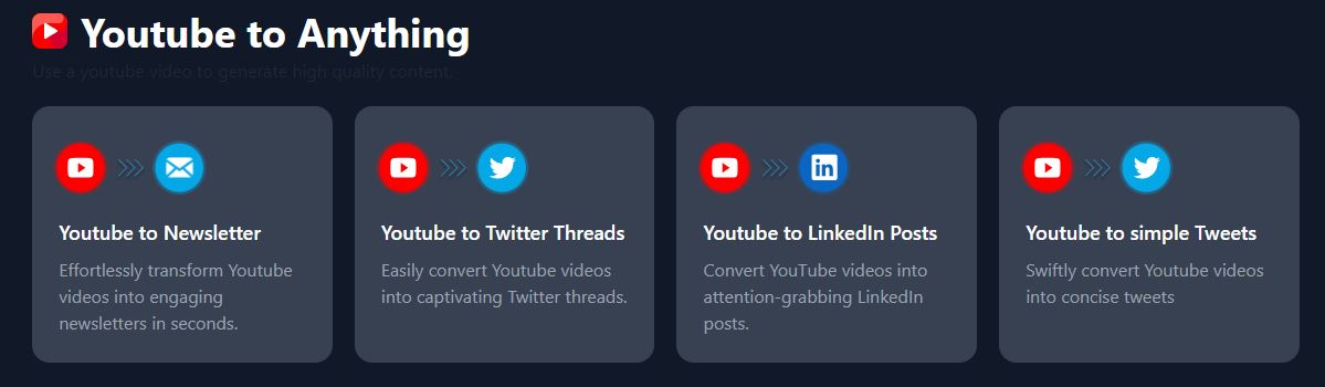 Transform YouTube content to Newsletter, Twitter threads, Twitter simple tweets, and LinkedIn posts