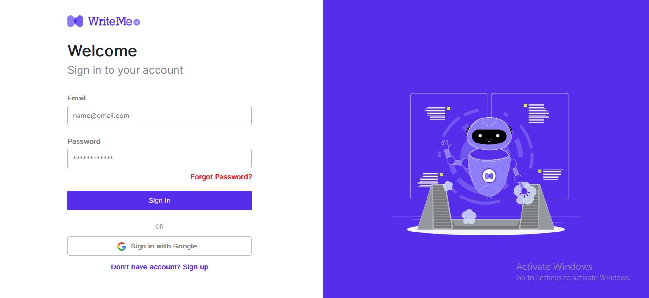 Signup or Login to WriteMe AI account